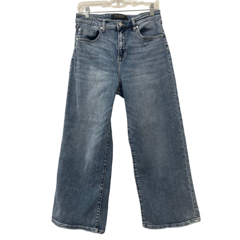 Liverpool Petite Wide Leg High Rise Stretch Medium Wash Denim Jeans Size 28P